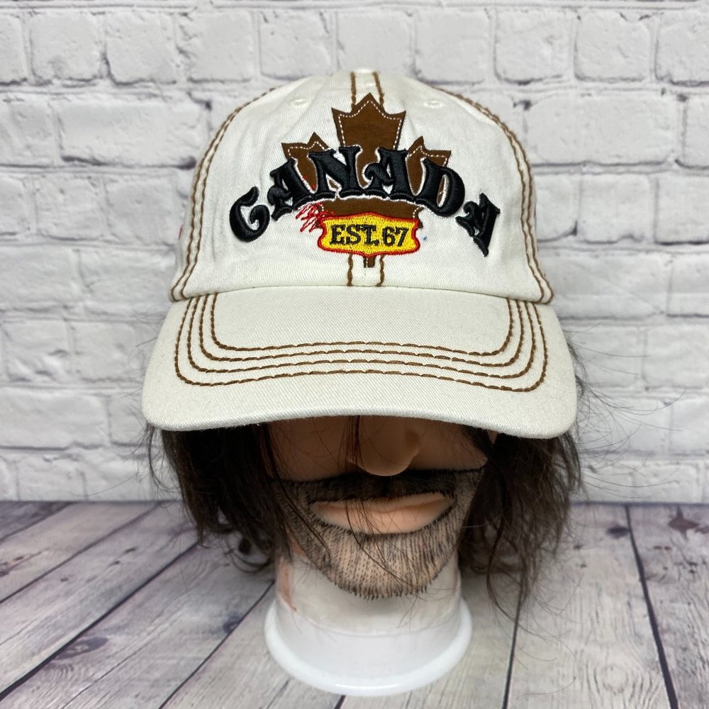 Canada EST. 67 Baseball Hat Cap Strap Back White Brown Maple Leaf Embroidered